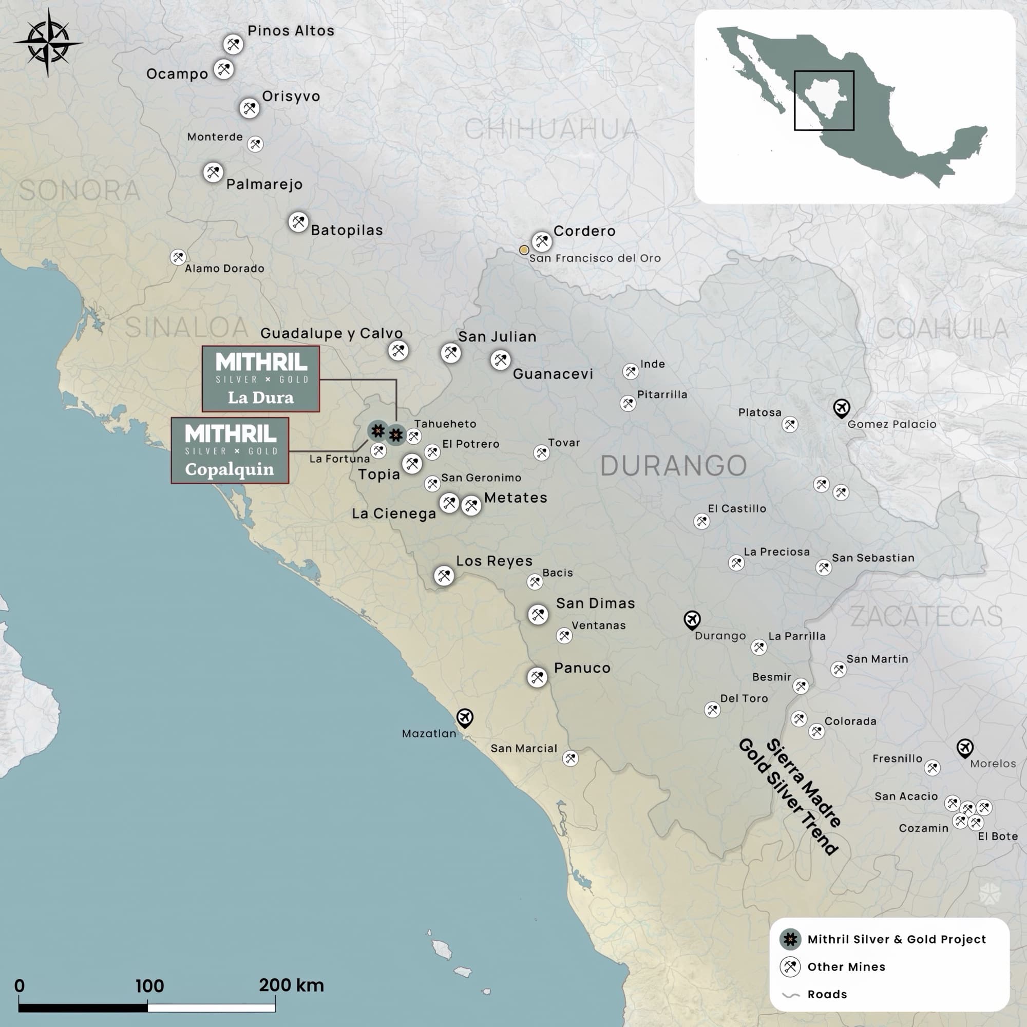 Regional map of the Sierra Madre — Copalquin and La Dura in Durango among producing silver-gold mines including Palmarejo, San Julián, Guanaceví, Tahuehueto, La Ciénega and Topia