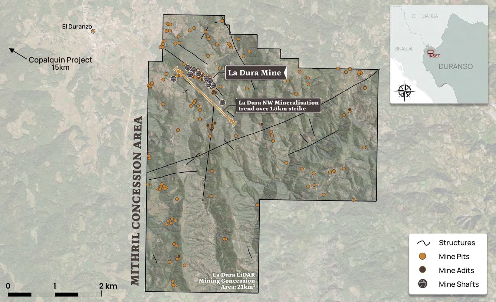 La Dura LiDAR interpretation — 1.5 km NW mineralisation trend