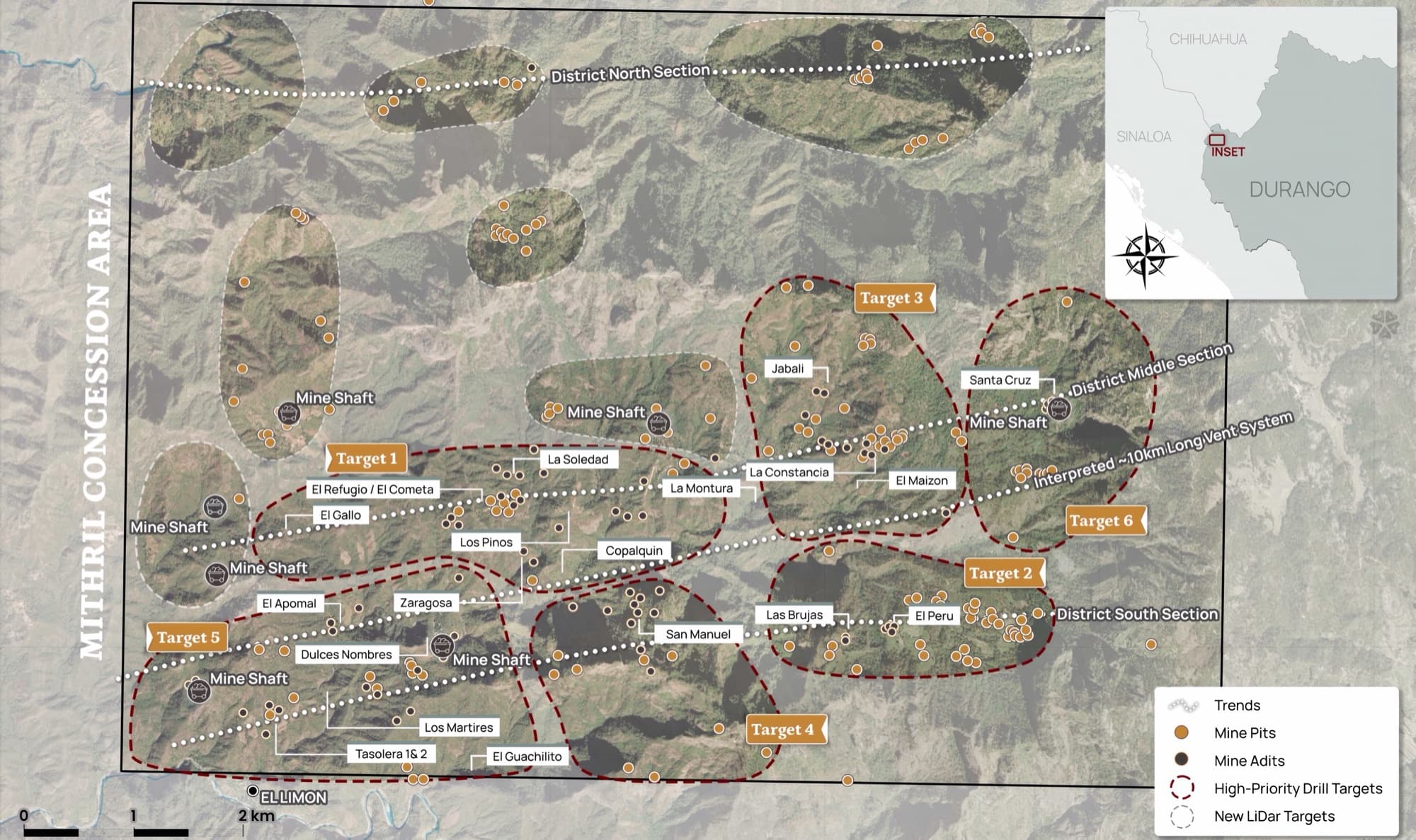 Copalquin District map — Mithril concession area with Targets 1 to 6, historic mine pits, adits and shafts, the interpreted ~10 km vent system and new LiDAR targets in the unexplored northern area
